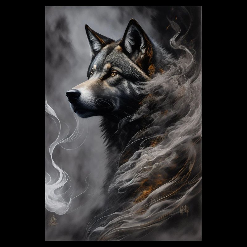 portrait of a void wolf in black suit surrounded