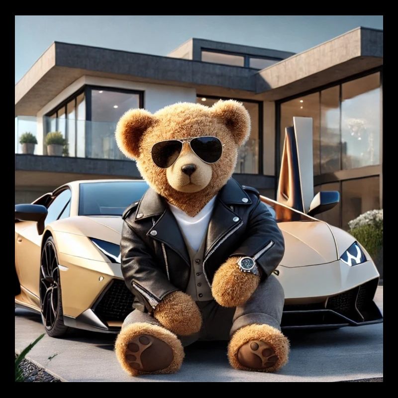Teddybär vor einem Auto und einer Villa