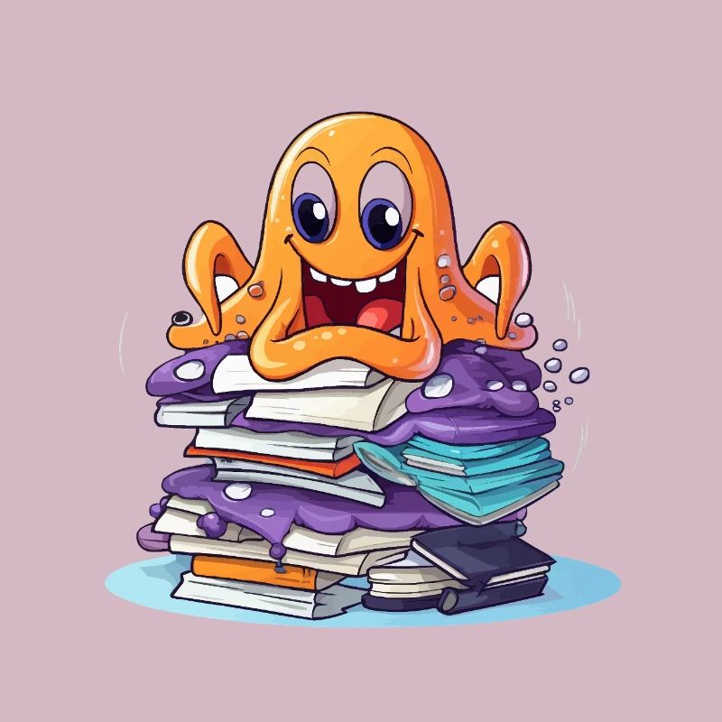 Learning octopus with stack of books