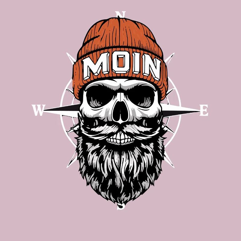 North German Biker Skull with Beard & Wind Rose Moin