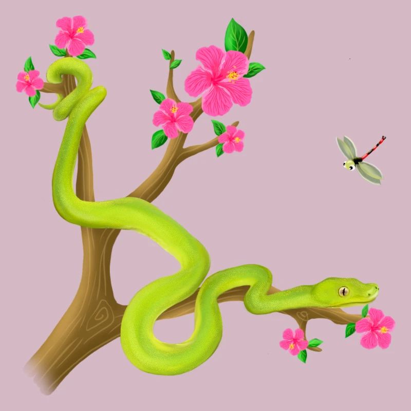 Der Grüne Python Schlange auf dem Baum mit Blümen