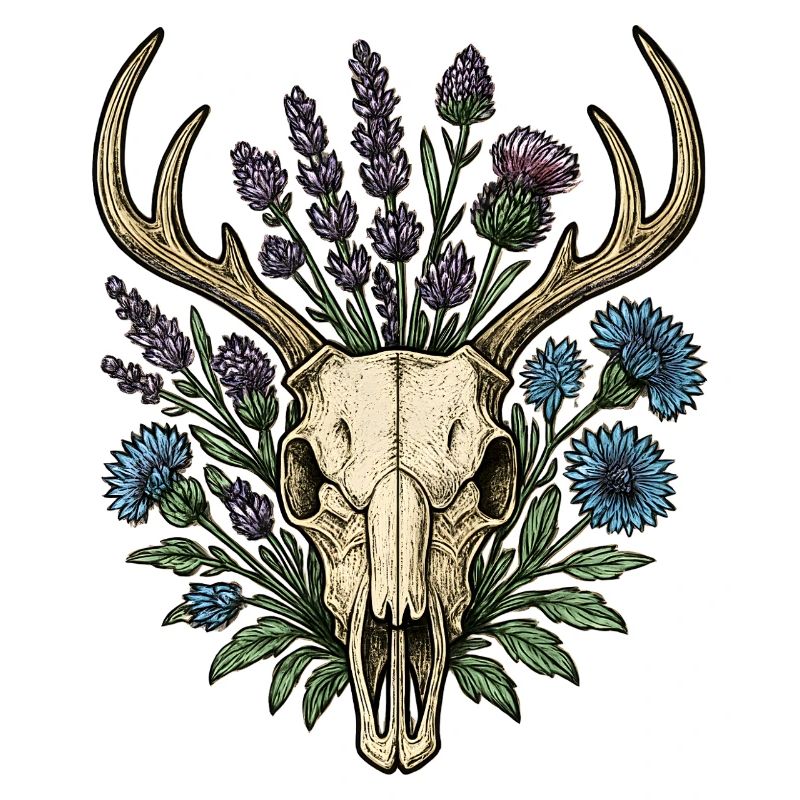 Hirschknochen mit Blumenkranz