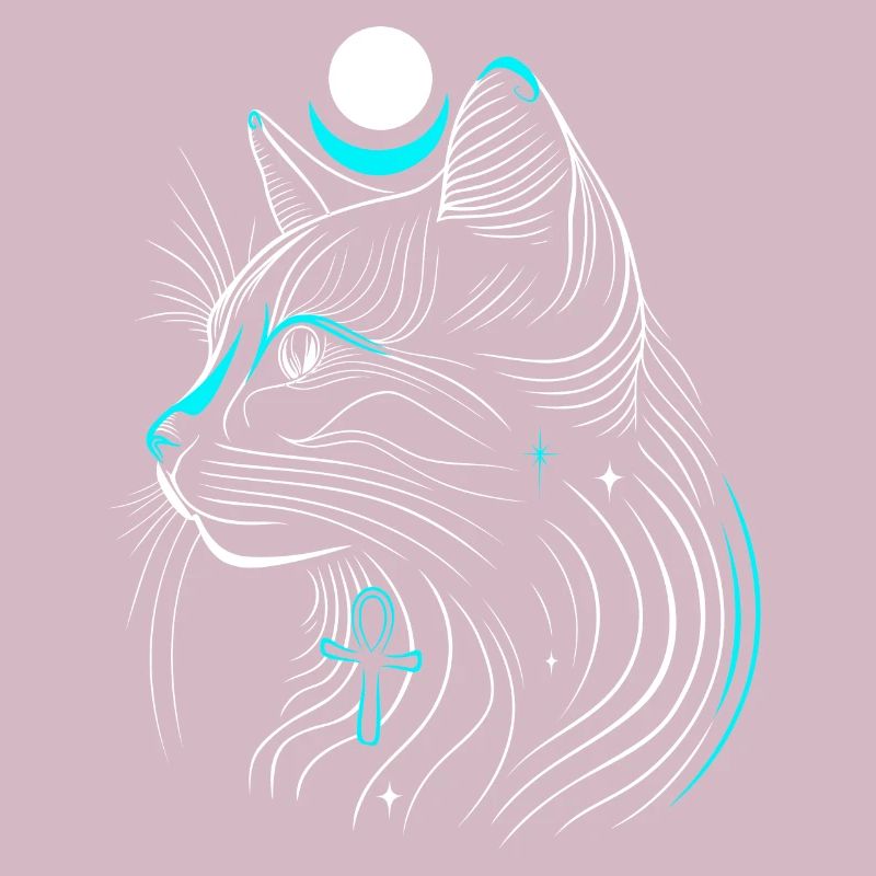 Minimalist Bastet Cat in Profile with Moon
