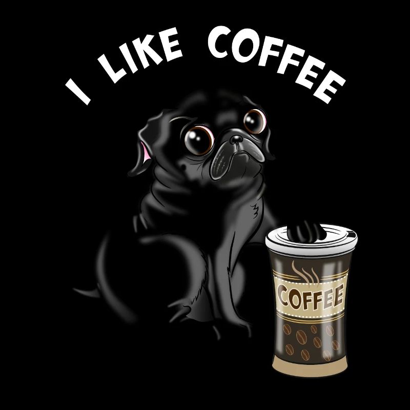 Schwarzer Mops oder Hund, Welpe mag Kaffee, Möpse