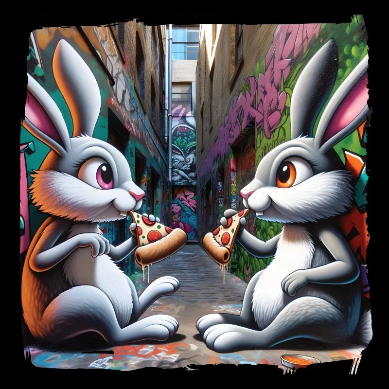 Lapins mangeant de la pizza dans l’art de rue de l’arrière-cour graffiti
