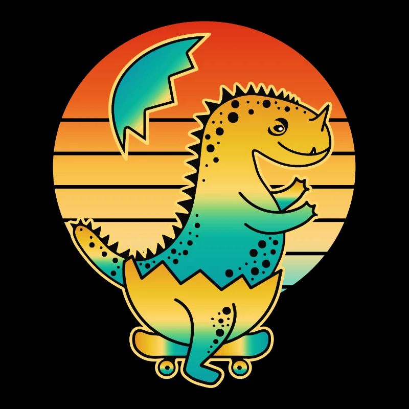 Dinosaurier mit erstem Zahn auf Skateboard.