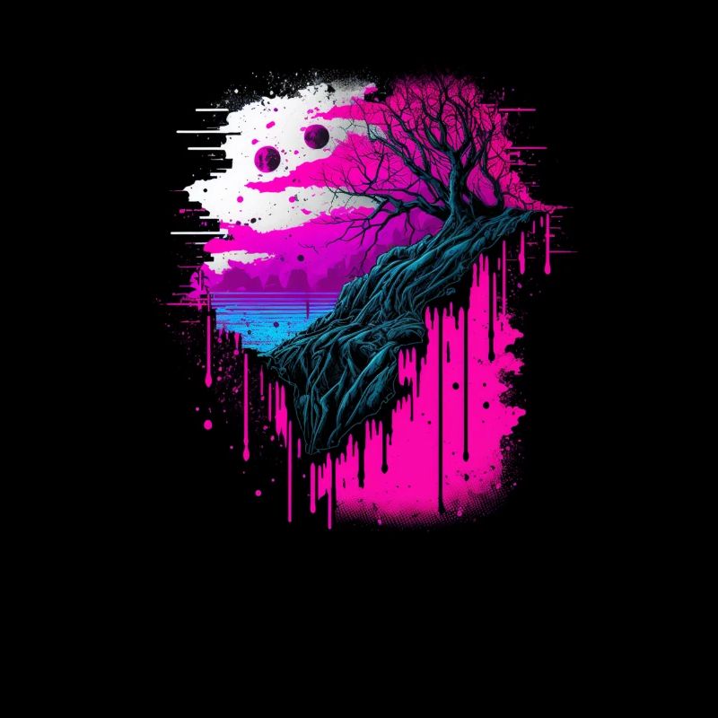 Vaporwave Abstract Landscape Moon Tree Waterfall