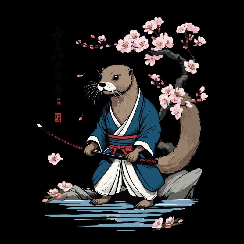 Mignon samouraï loutre fleur de cerisier Ukiyo-E Design