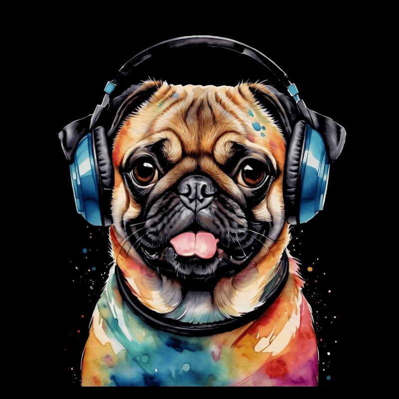 Mops Kopfhörer Hund Bunt Lustig Tier Design Print