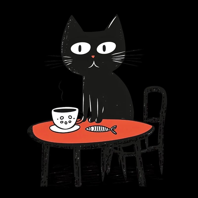 Chat naïf avec du café et du poisson à table
