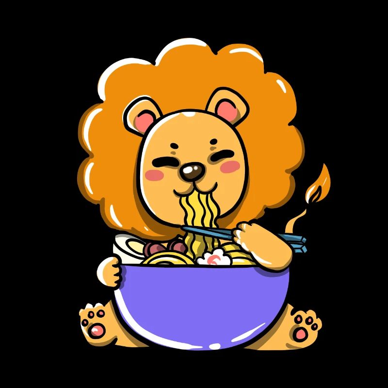 Süßer Löwe isst Ramen Suppe