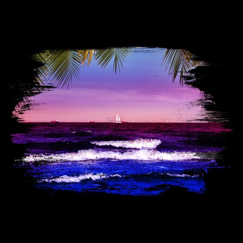 sunset over the sea under palm trees