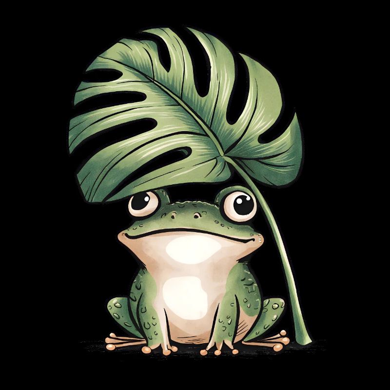 Cute frog under big monstera leaf