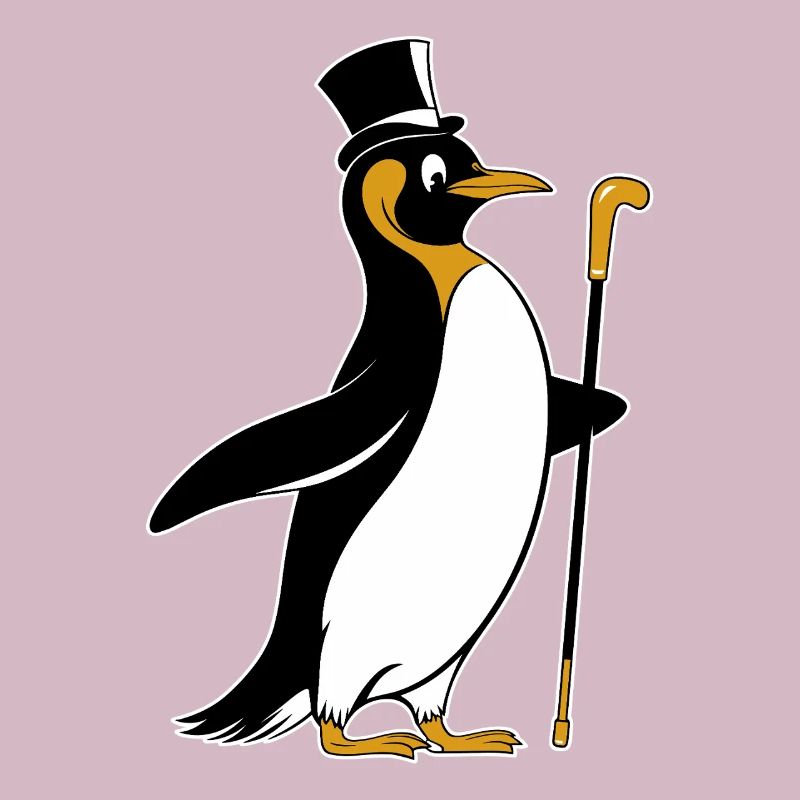 Pingouin élégant avec chapeau haut de forme et bâton de marche