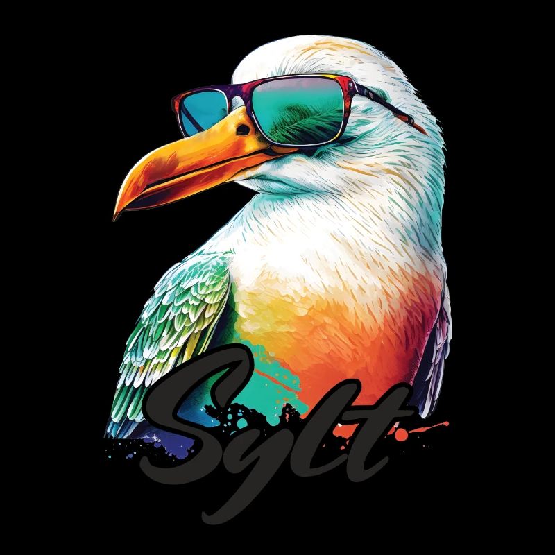 Sylt Urlaub coole bunte Möwe mit Sonnenbrille