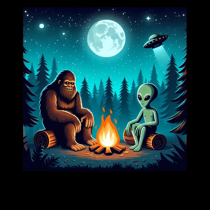 Bigfoot with alien at the campfire