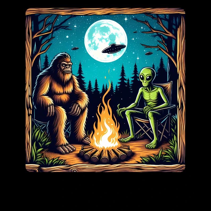 Bigfoot with alien at the campfire
