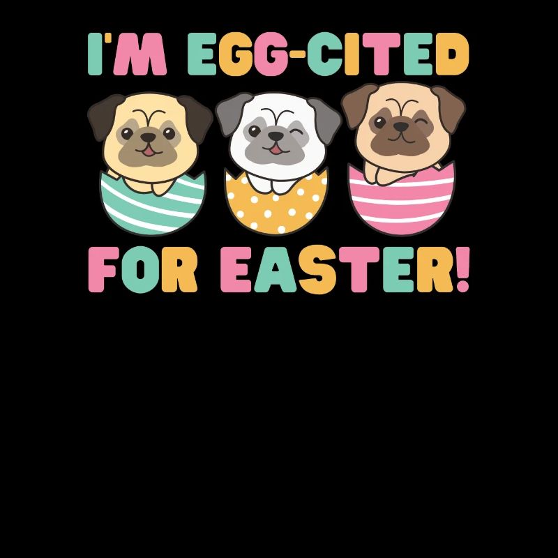 cute dogs at Easter with Easter eggs pug