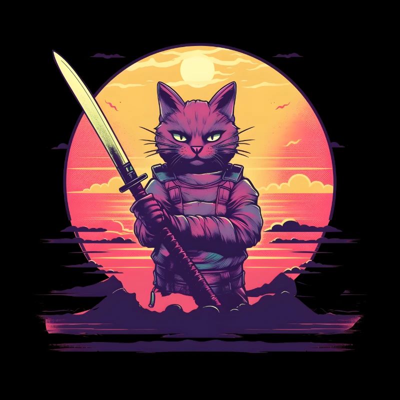 Synthwave samouraï Cat coucher de soleil