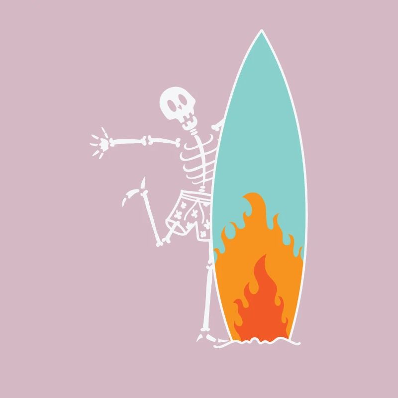 Surfing skeleton with burning surfboard