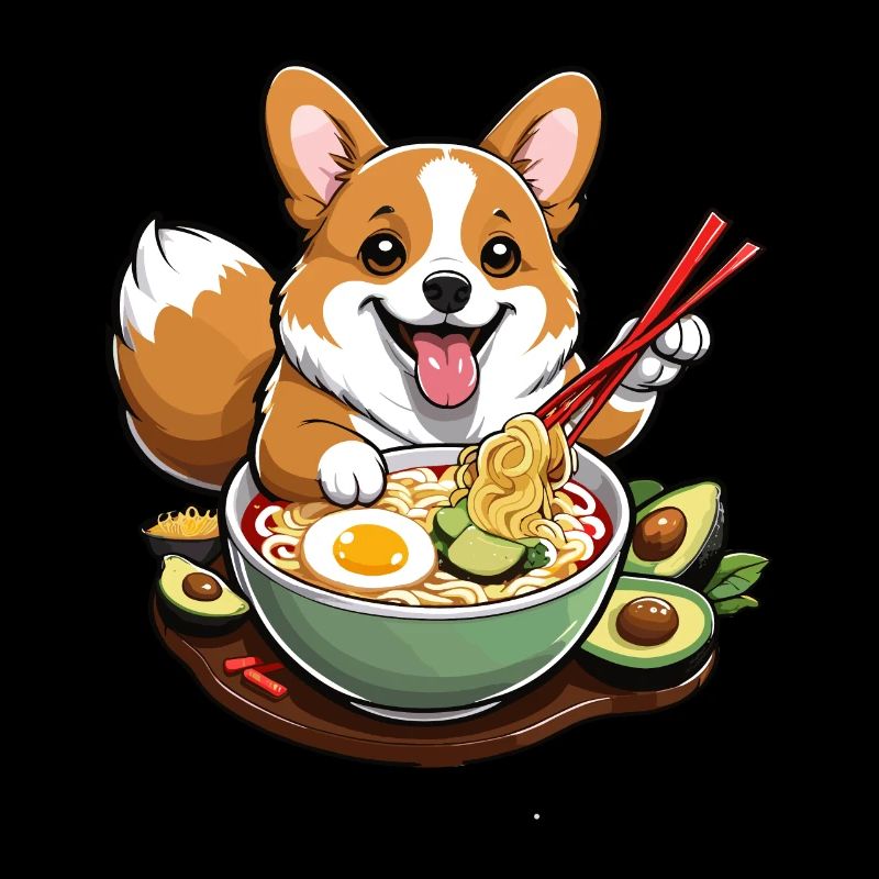 Corgi mit Ramen und Stäbchen