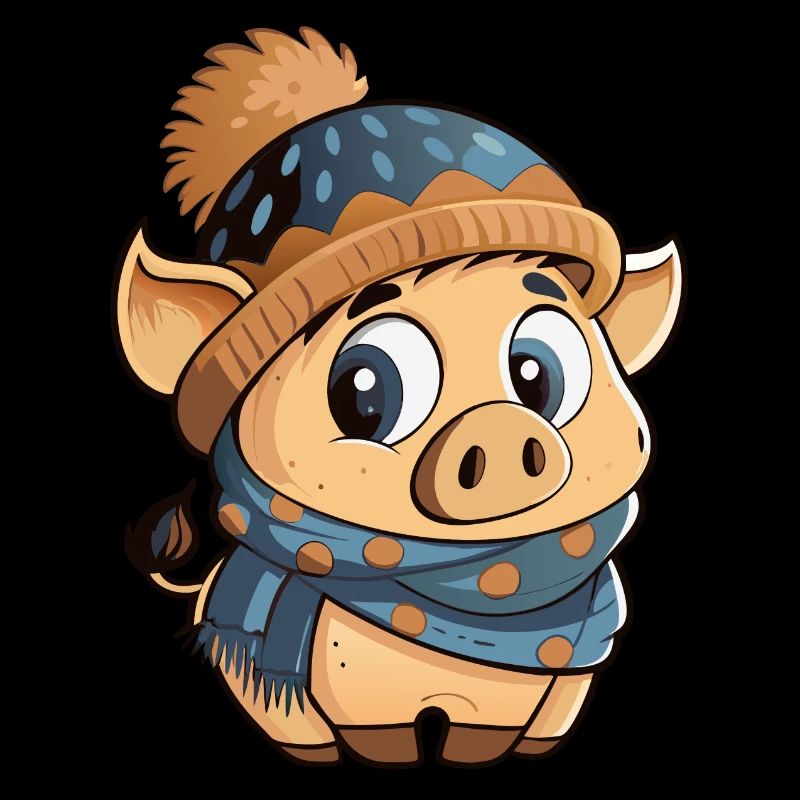 Mignon cochon avec écharpe et chapeau à pompon.