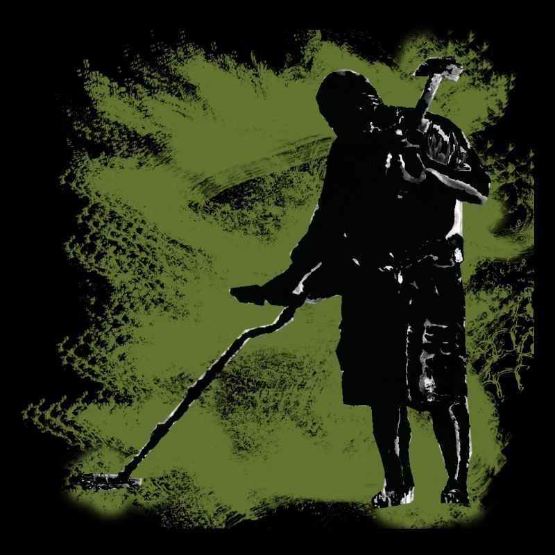 A treasure hunter with the metal detector and spade