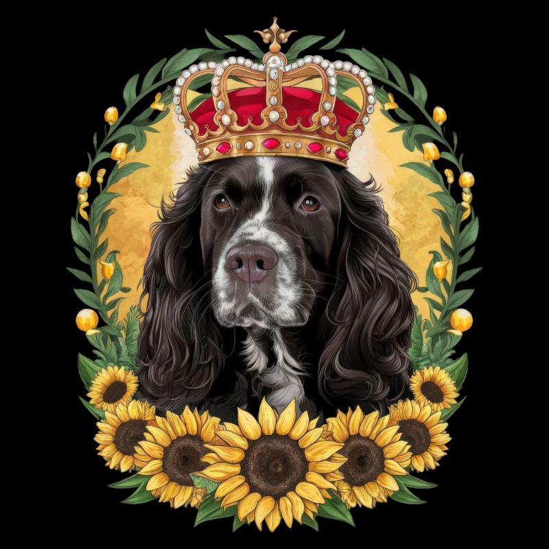 Cocker Spaniel mit Krone und Sonnenblumen