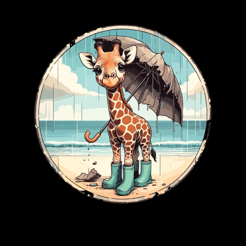 Giraffe on the beach in rubber boots with umbrella