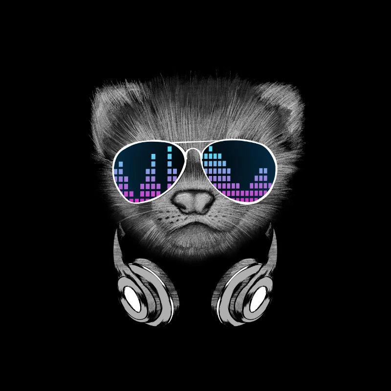 Furet avec écouteurs et lunettes de soleil cool