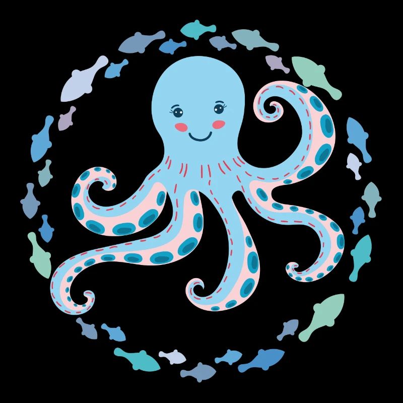 Cheerful funny octopus with colorful fish