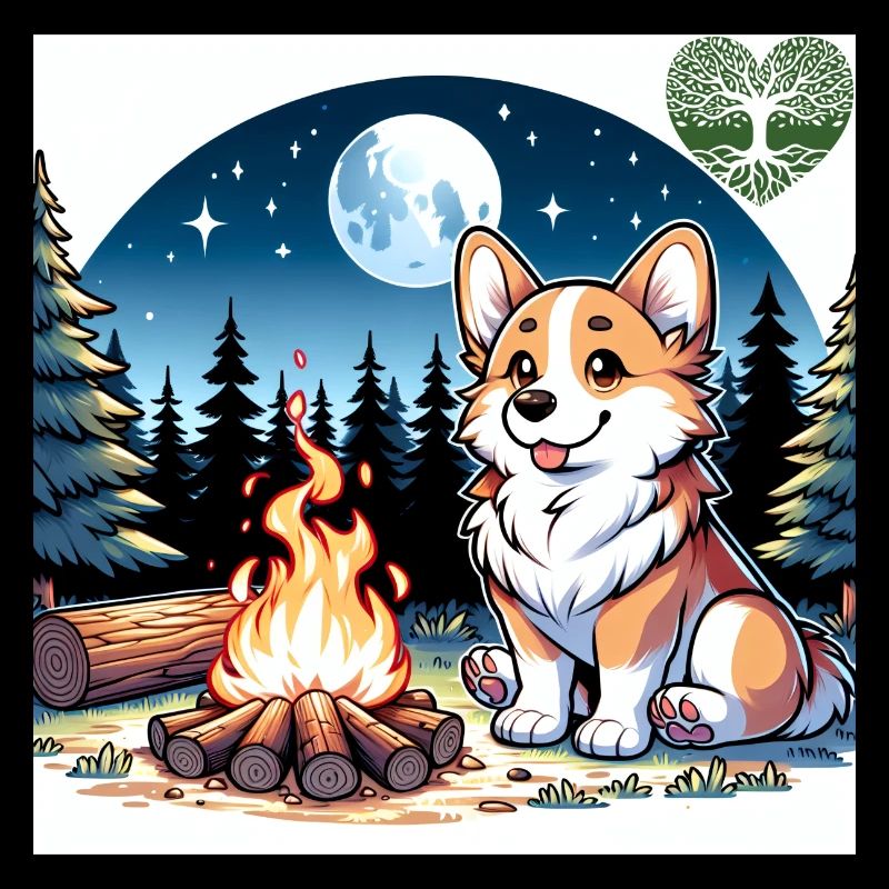 Corgi au feu de camp la nuit