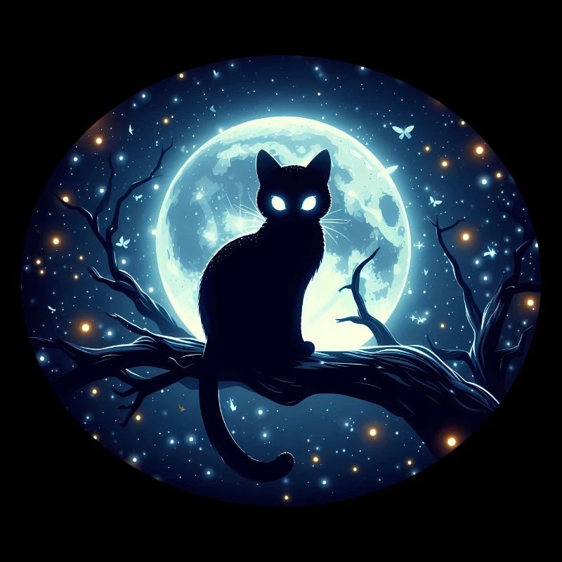 Chat assis sur une branche à la pleine lune
