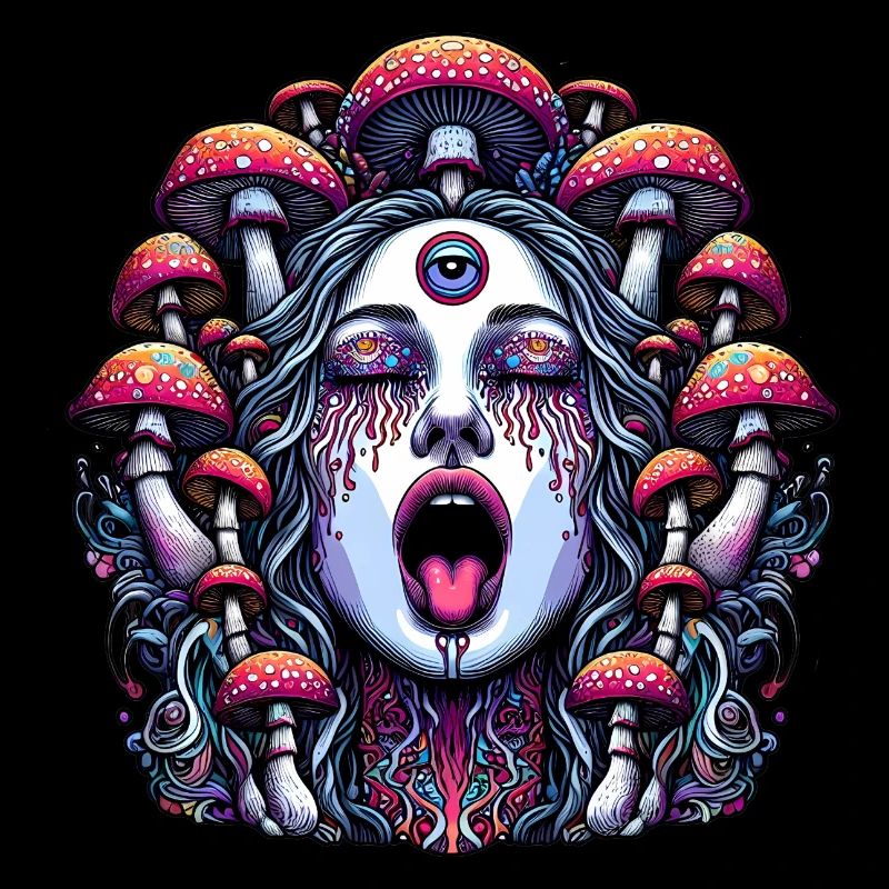 Trippy Frauengesicht mit Magic Mushrooms