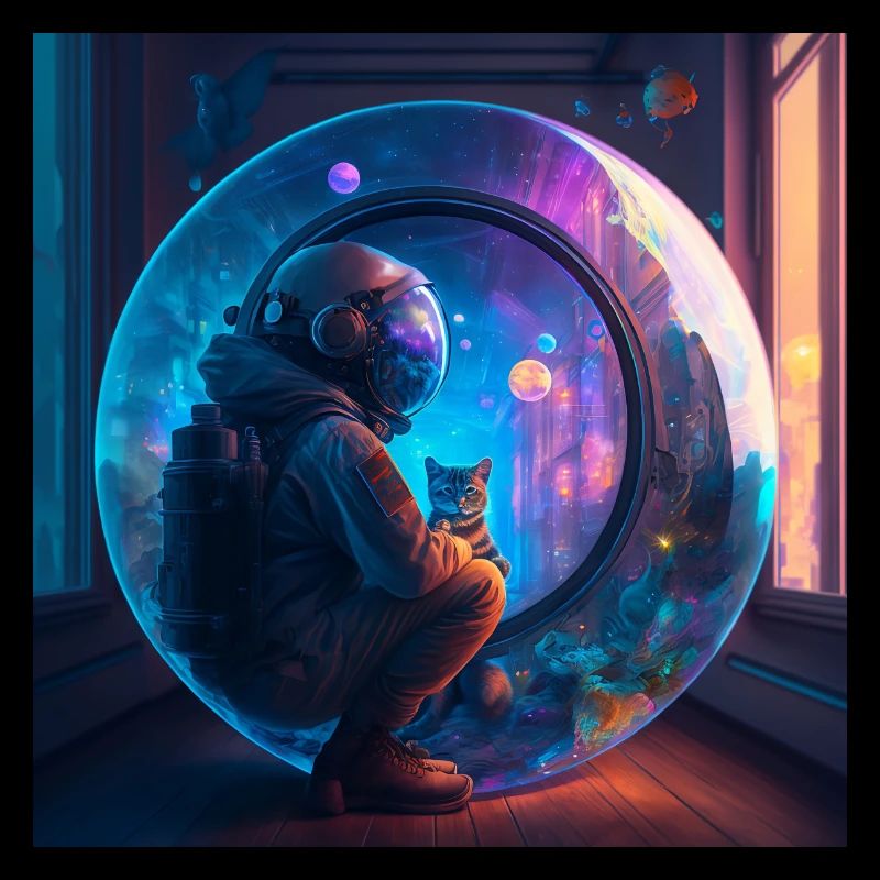 Astronaute et son chat perdus dans l'espace temps