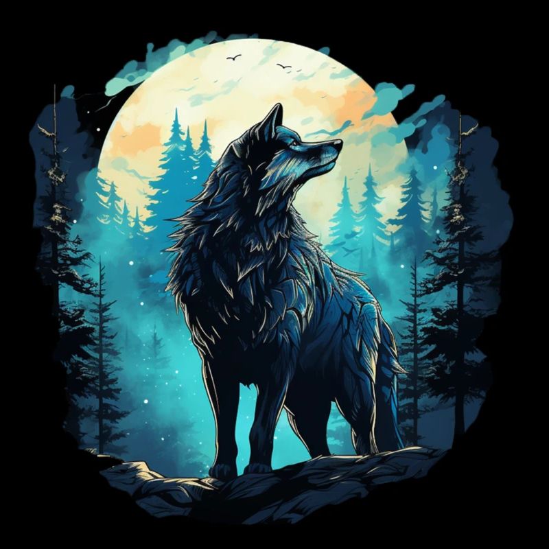 Wolf bei Vollmond im Wald