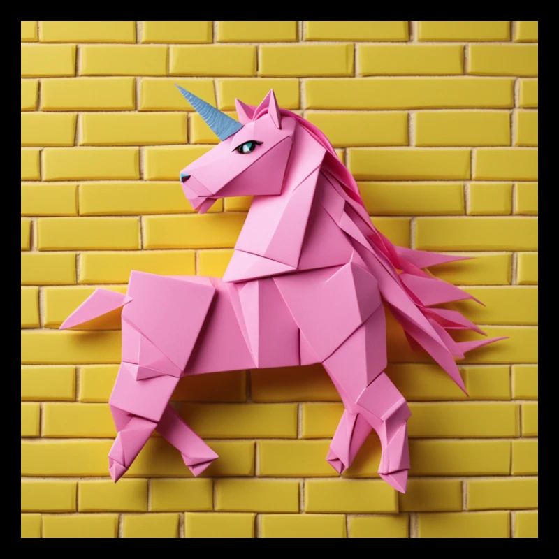 Licorne rose devant un mur jaune