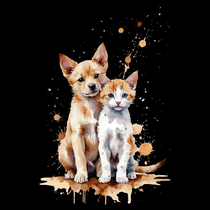 Aquarellfreunde: Ein Welpe und ein Kätzchen