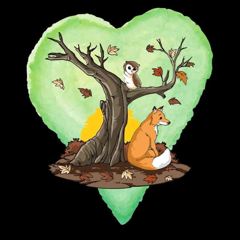 Autumn, fall themed, Fox and Owl with tree, heart