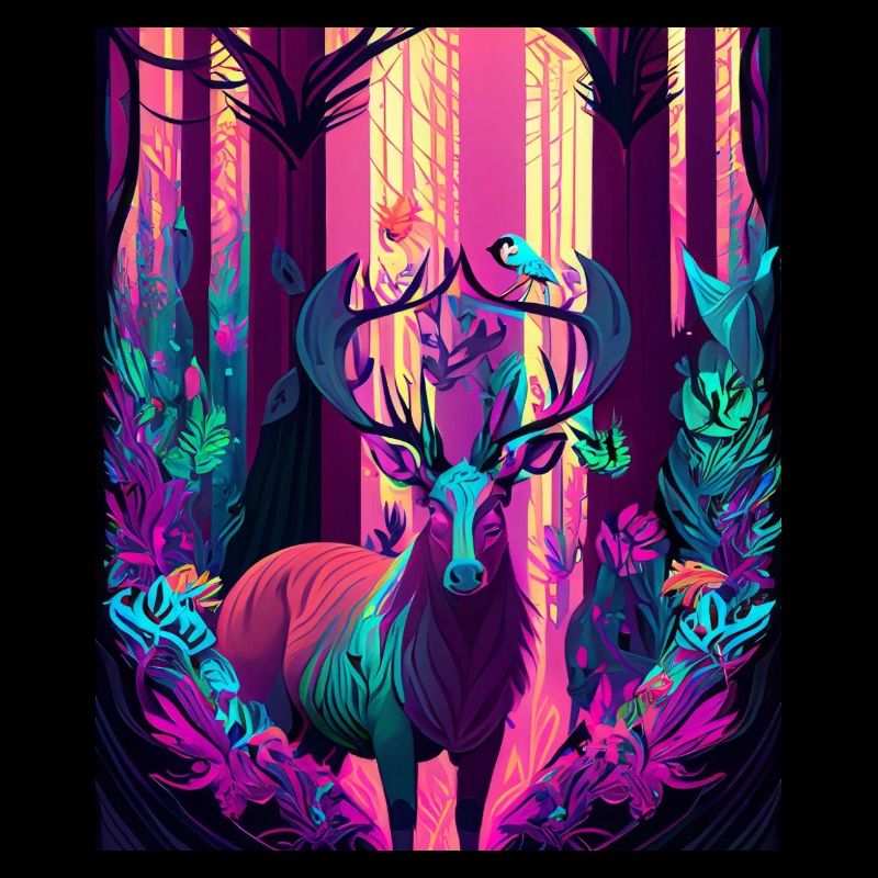 Leuchtender Waldhirsch mit Neonvogel