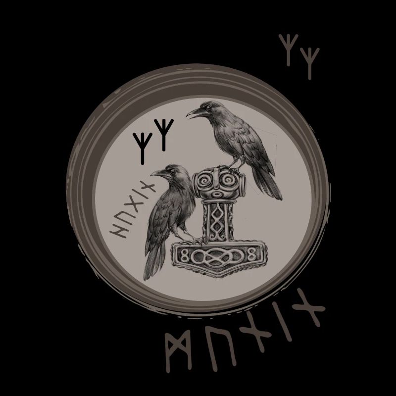 Thor Hammer Mjölnir with Odin Ravens Hugin and Munin