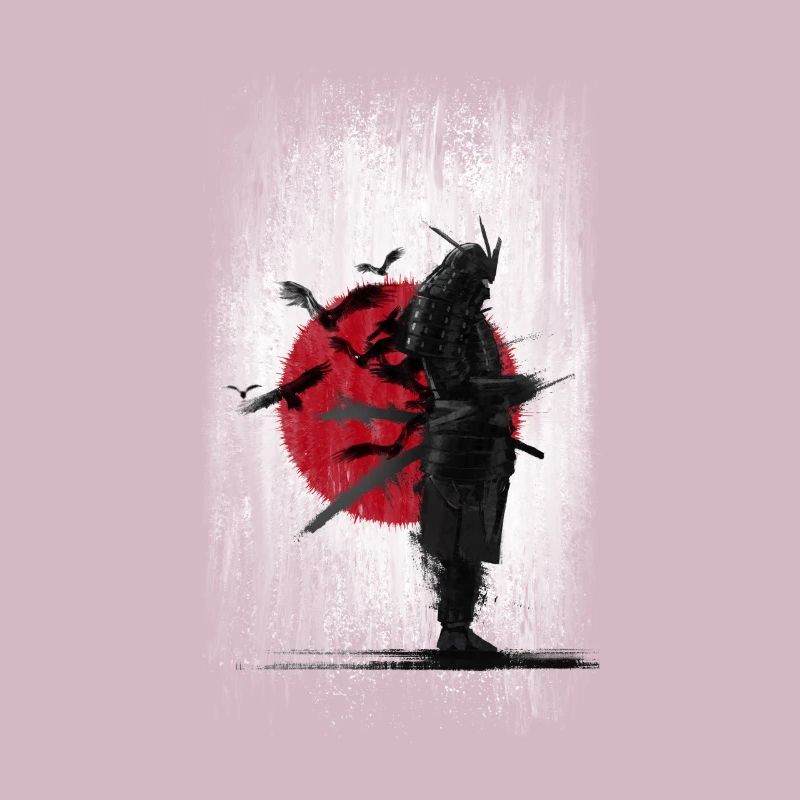 Samouraï devant le drapeau du Japon corbeaux et oiseaux, épée