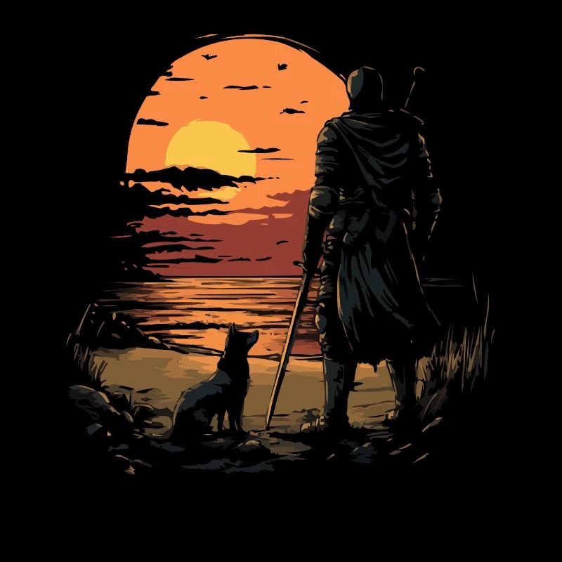 Evening walk on the beach with dog and