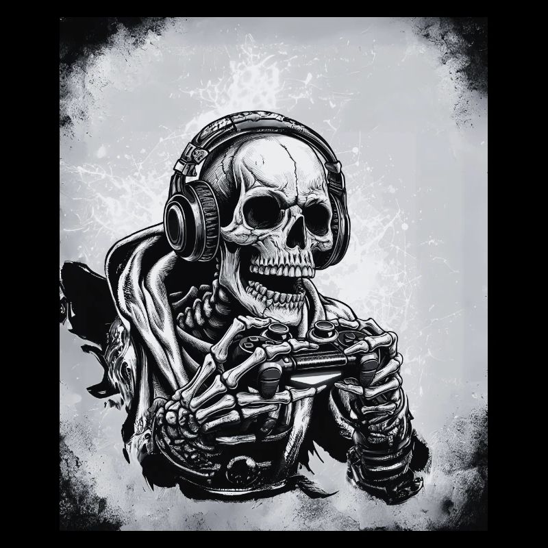 Skelett mit Gamecontroller und Kopfhörern