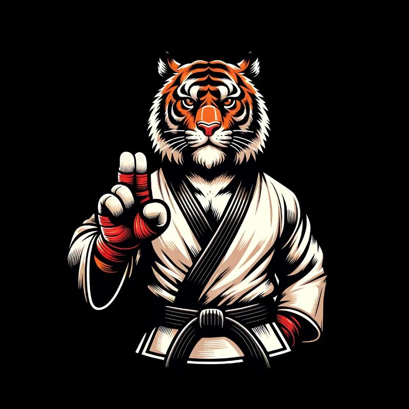 Tigre en karaté gi avec un regard déterminé