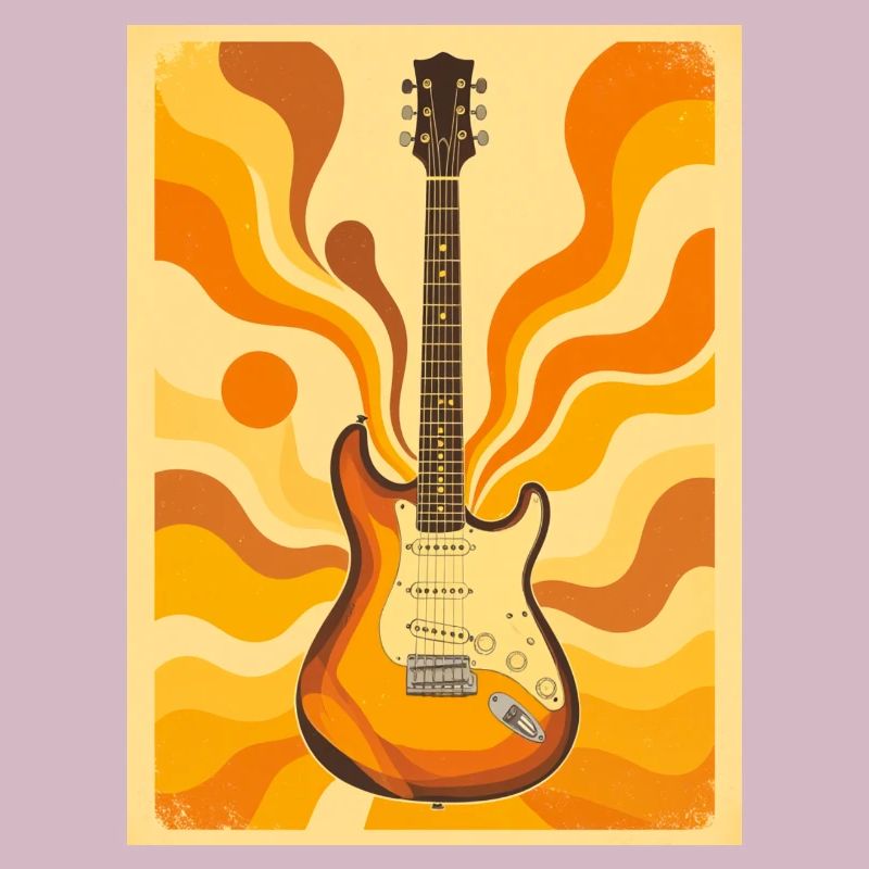 Psychedelische Retro-Gitarre mit lebendigen Siebzigern