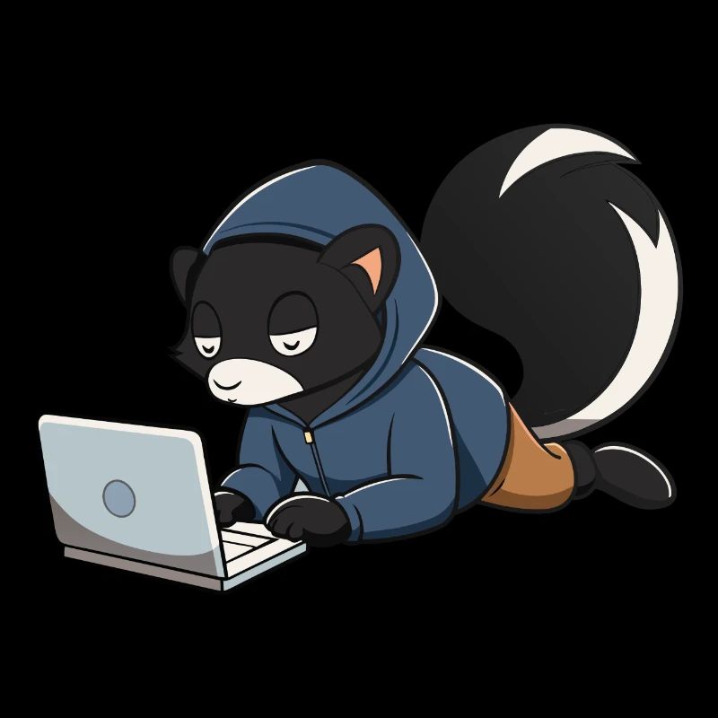 Mignonne mouffette hacker en sweat à capuche devant le PC