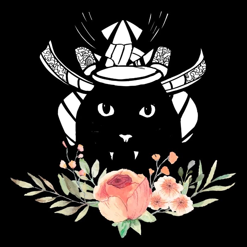 Cute hanging samurai cat with flowers