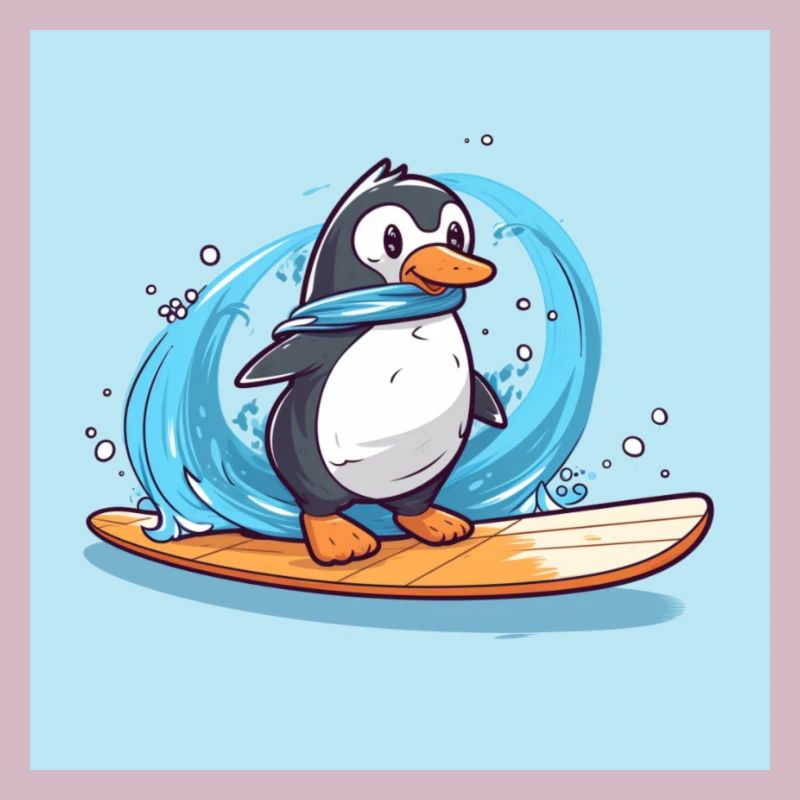 Pingouin de surf mignon sur une planche de surf