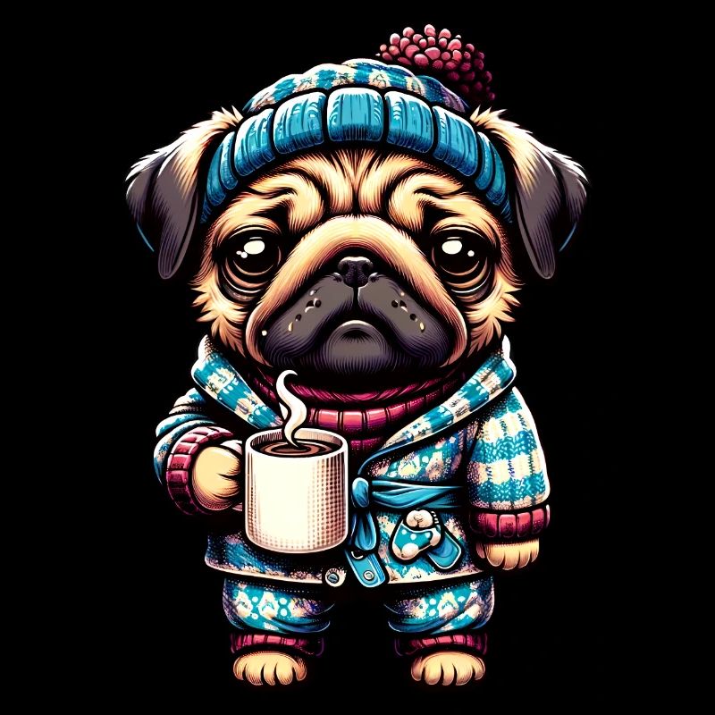 Mops in Pyjama und Schal mit einer Kaffeetasse